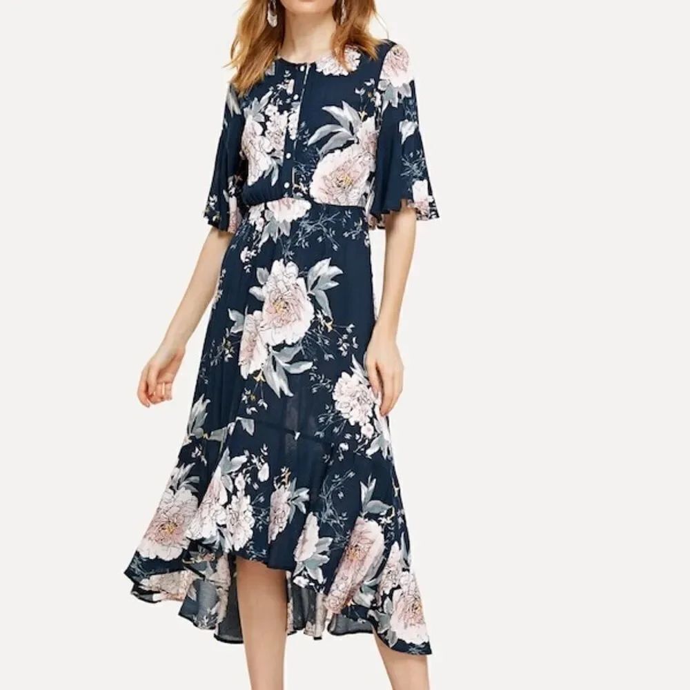 ✨ Half Placket Flounce Hem Botanical Dress✨